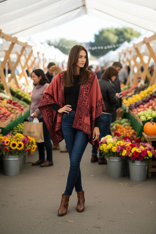 Floral Reversible Hand Made Embroidery Alpaca Ruana