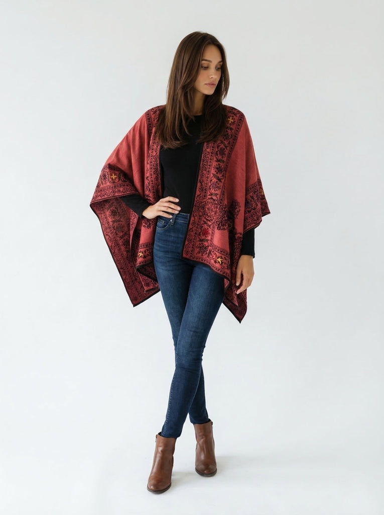 Floral Reversible Hand Made Embroidery Alpaca Ruana - Choice Alpaca Products-dyc-floralrev-amarilis_terracota