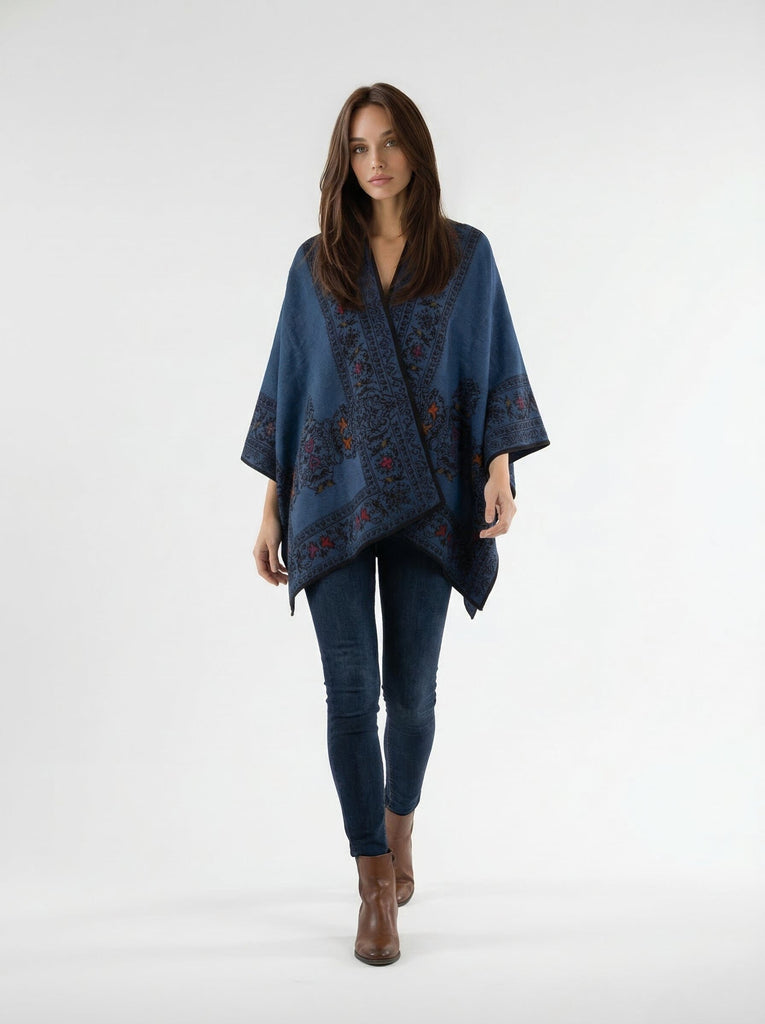 Floral Reversible Hand Made Embroidery Alpaca Ruana Poncho One Size Fits Most AMARILIS AZUL 