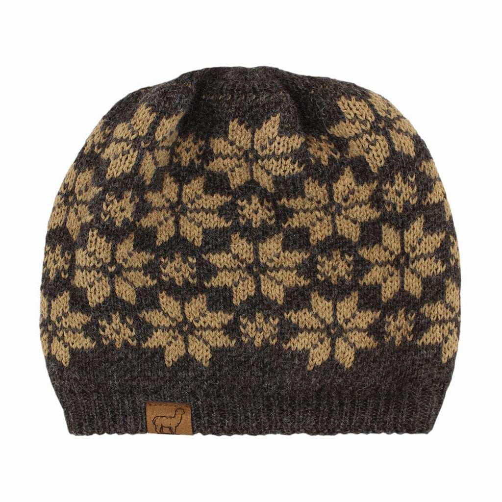 USA Made Alpaca Slouch Beanie - Snowflake Hat Grey w Sandstone Accents 